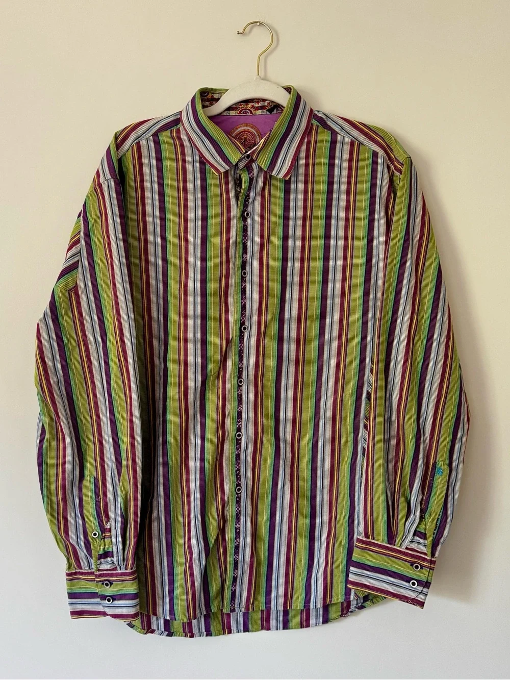 Robert Graham Stripe Embroidered Flip Cuff Button Down Shirt, Multicolor – XL